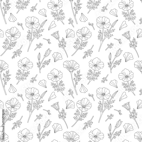 California Poppy Flower Pattern — Coloring Page for Creativity and Relaxation. Seamless floral pattern.