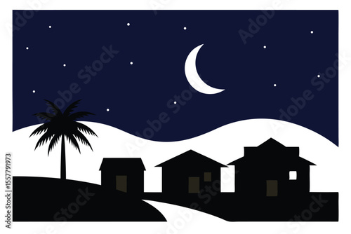 Nightscape with Palm Tree, Houses Silhouette under Moonlit Starry Sky Illustration