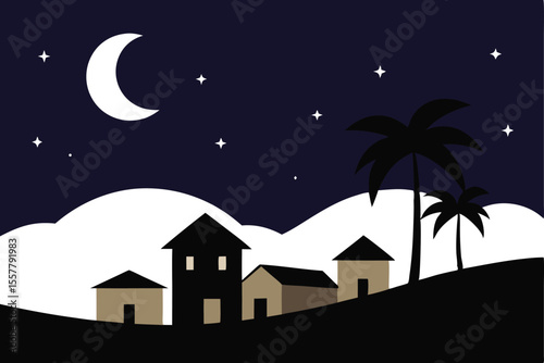 Night Landscape with Buildings, Palm Trees, Moon and Stars Illustration