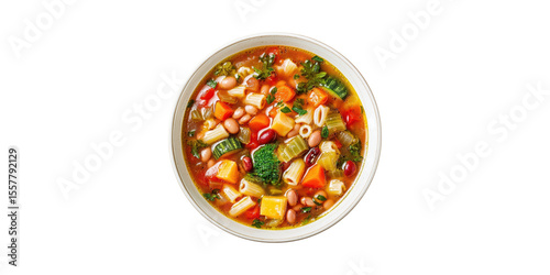 Hearty Vegetable Minestrone Soup In Bowl. Nutritious Comfort Food With Pasta And Beans Isolated On Transparent Background