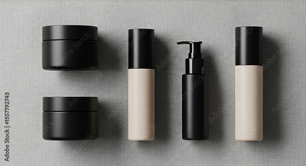 Obraz premium Minimalistic arrangement of black and beige cosmetic bottles and jars on a textured surface for skincare or beauty product promotion and branding visuals