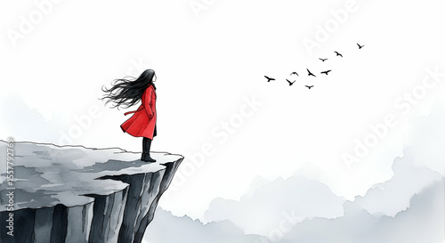 Woman in Red Coat Stands on Cliff with Long Hair Flowing in Wind Gazing at Flock of Birds in the Sky Representing Freedom and Adventure