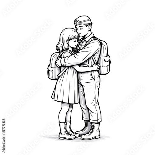 Young girl hugging soldier in emotional embrace with backpacks  
