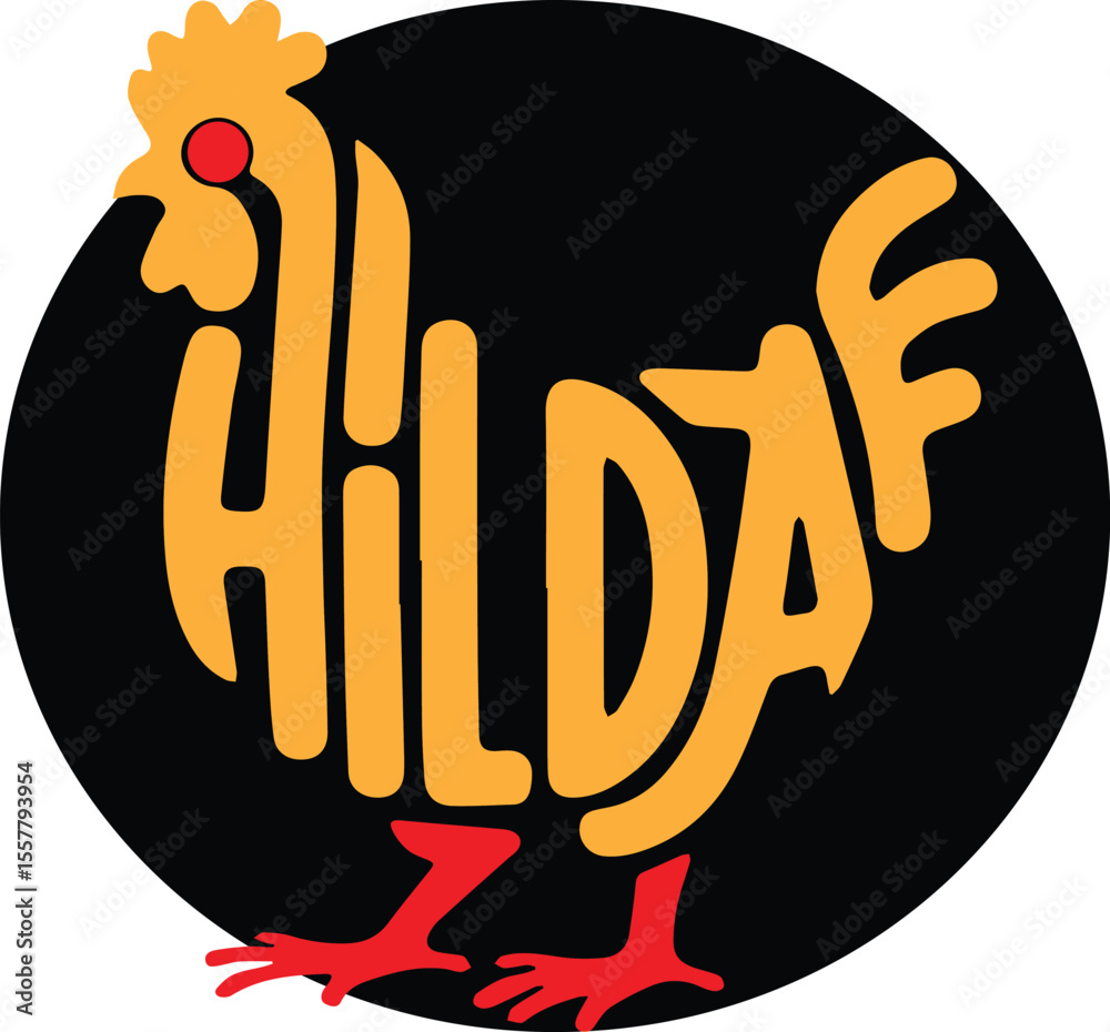 Stylized yellow chicken with red eye and feet forming the word H I L D A F on black background