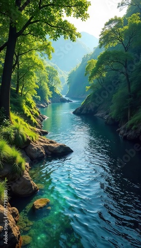 Serene River Flowing Through Lush Green Valley Sunlight Dapples Tranquil Water, Perfect for Nature, Travel, and Relaxation Themes