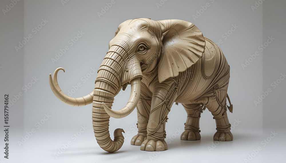 Fototapeta premium Intricate craftsmanship shows in this sculpture of an African elephant, its ivory tusks and decorative markings making it a stunning piece.