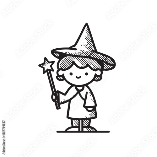 Little witch with magic wand for Halloween concept