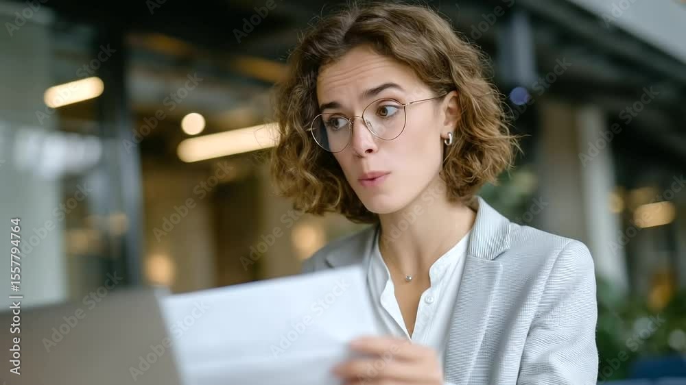 Close-up of employee’s expression reading email, emotions ranging from surprise to calm.