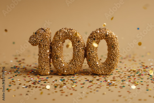 Gold Number One Hundred with Confetti on Beige Background