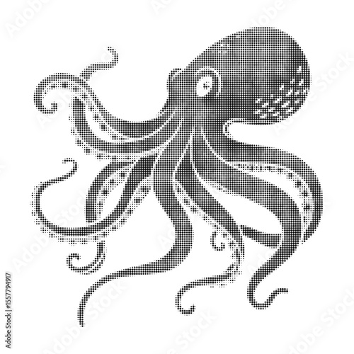 Halftone octopus illustration in vintage engraving style, black and white vector marine animal design with tentacles, perfect for retro tattoos, prints, logos, and sea-themed graphics