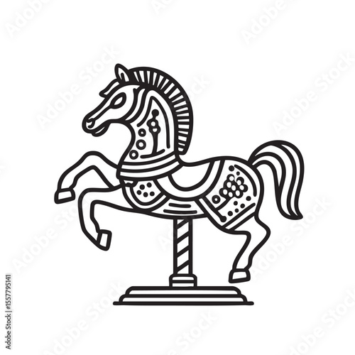 Simple outline of a carousel horse on a pole in monochrome