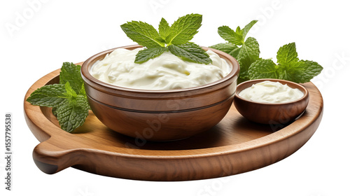 Creamy yogurt in a wooden bowl, garnished with fresh mint leaves on a serving tray presented against a white background transparent.