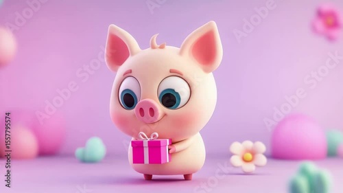 Adorable piglet holding a gift. Pink and purple theme. 3D render.