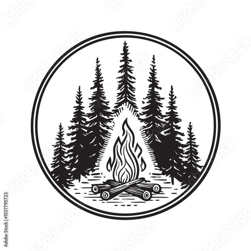 Campfire in forest circle graphic for adventure design