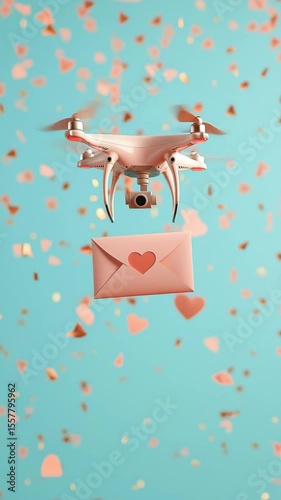 Drone delivering a love letter amidst a shower of hearts. Perfect for Valentine's Day!