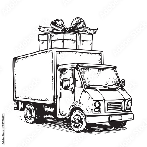 Delivery truck with gift box sketch style for Christmas