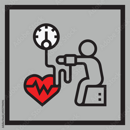 An icon depicting a person measuring their blood pressure, with a stylized heart showing an ECG waveform. Health monitoring and cardiovascular care concept