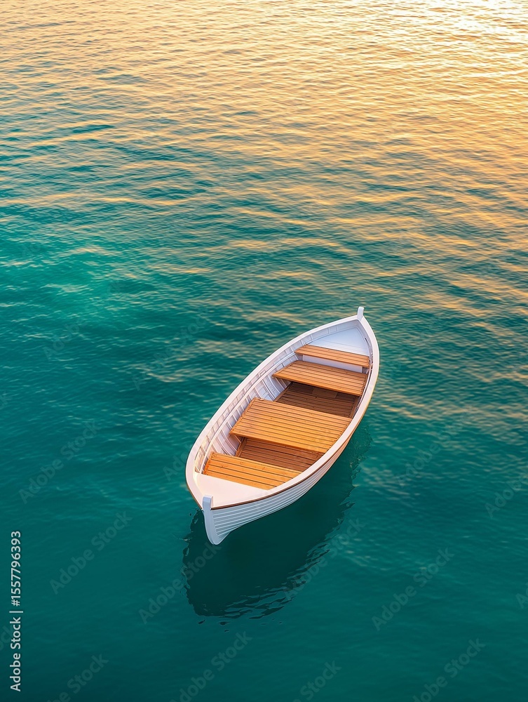 Obraz premium Small white boat floating on the surface of a body of water. the boat has a wooden deck and appears to be empty.