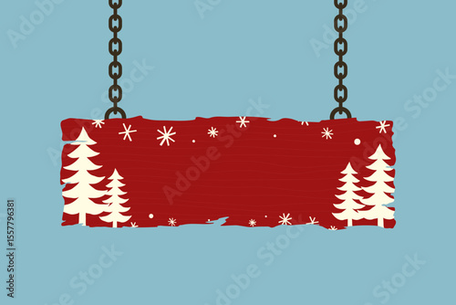 New Year wooden signboard hanging on chains. Colored silhouette. Horizontal view. Vector simple flat graphic hand drawn illustration. Isolated object on blue background. Isolate.