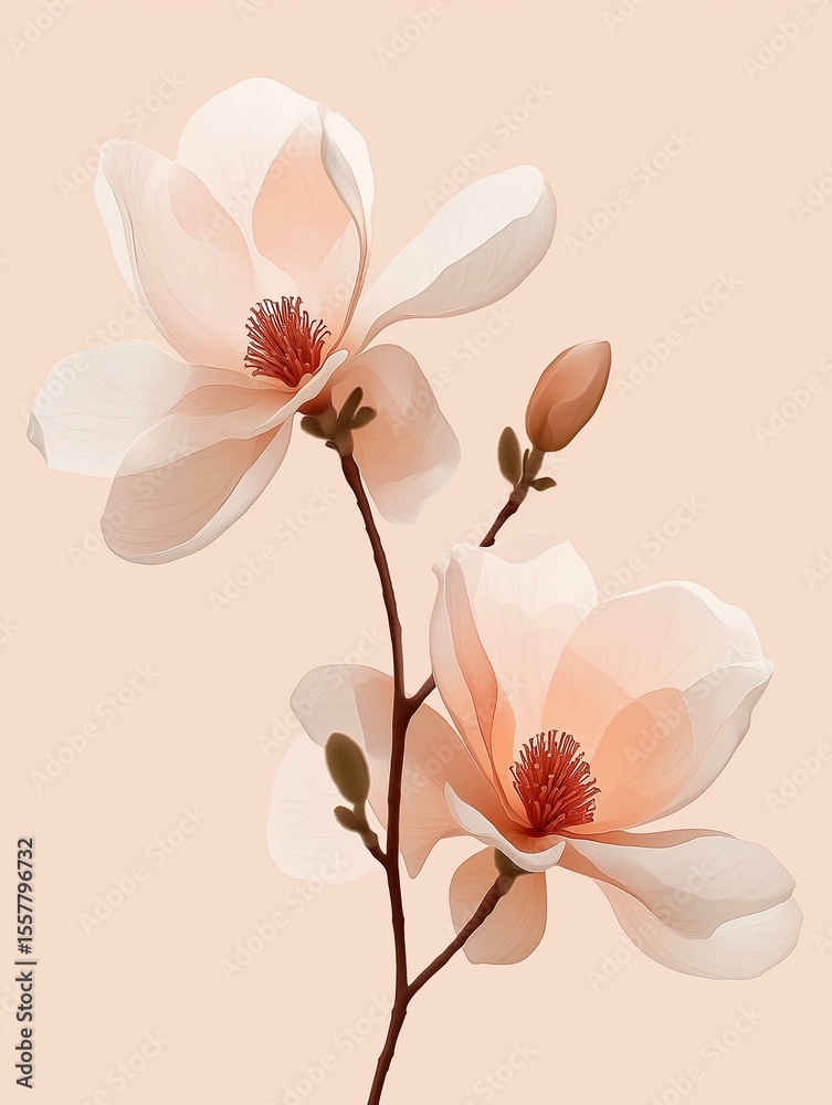 Fototapeta premium Digital illustration of two magnolia flowers on a light pink background.