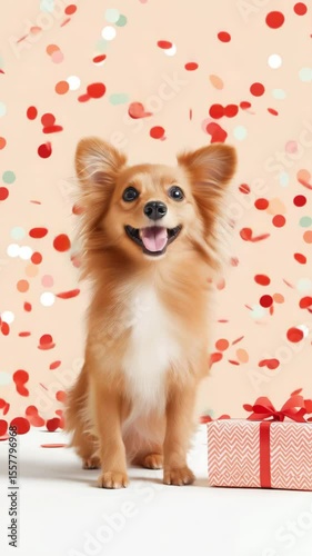 Adorable long-haired brown puppy sits next to a gift amidst confetti.