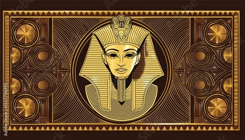 abstract geometrical pharaonic king tut portraiit symbol for old egyptian history greetings stamp design isolated gold color on dark brown