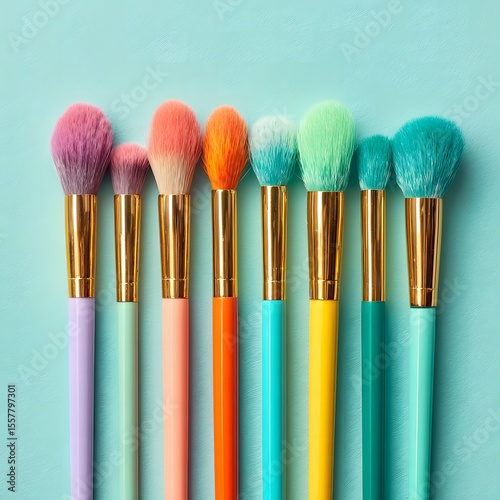 Seven colorful makeup brushes are arranged in a row against a light blue background
