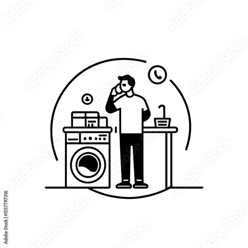 Man talking on the phone while standing in laundry room with washer  