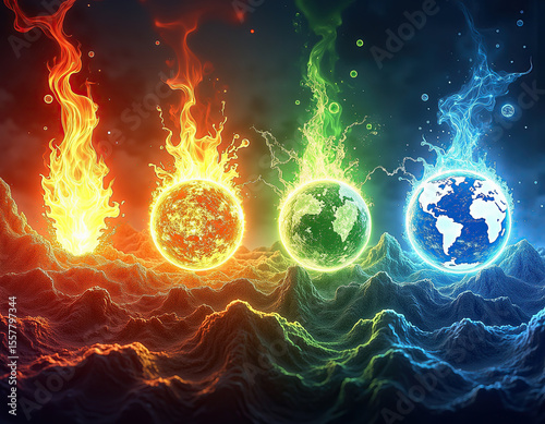 Elemental Planets Earth Fire Water Air Concept: Vibrant Spheres Representing Natural Forces, Abstract Cosmic Scene, Glowing Energies, Colorful Texture.