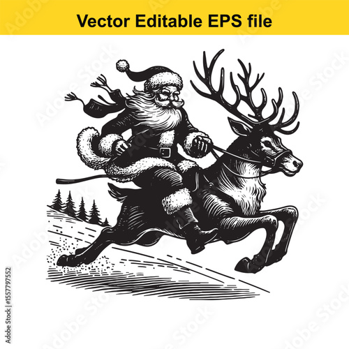 Wallpaper Mural Vintage Santa Claus Riding Reindeer Through Forest Engraving Vector Illustration for Christmas Season Joy and Festive Celebration Torontodigital.ca