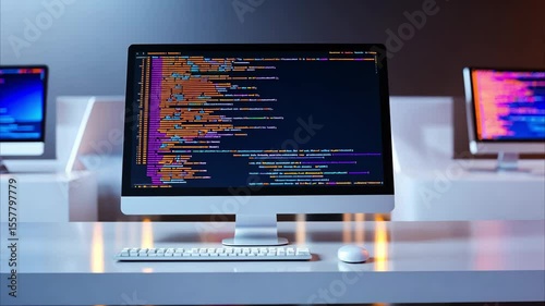 Three computers display lines of code in a brightly lit room. A modern, clean workspace.