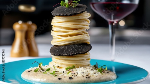 Truffle pasta gourmet presentation featuring layered black truffle medallions and spaghetti topped with microgreens in rich sauce