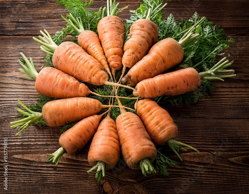 homegrown organic round carrot displayed on wood surface