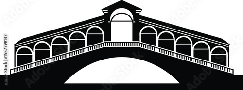 High-Definition Solid Black Silhouette of a Ponte di Rialto Bridge with Perfect Proportions and Sharp Edges black and white with white background