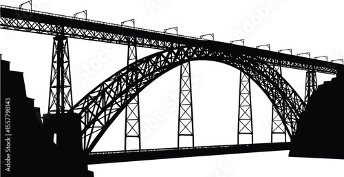 High-Definition Solid Black Silhouette of a The Luis 1 Bridge Porto, portugal with Perfect Proportions and Sharp Edges black and white with white background flat vector 