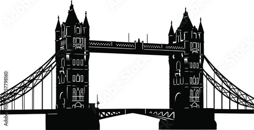 High-Definition Solid Black Silhouette of a The Tower Bridge London,UK Bridge with Perfect Proportions and Sharp Edges black and white with white background 