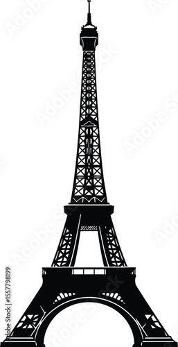 High-Definition Solid Black Silhouette of Eiffel Tower with Perfect Proportions and Sharp Edges black and white with white background flat vector 