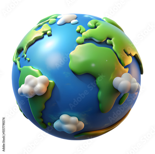 3D Cartoon Earth Globe with Green Continents and Puffy Clouds Isolated on Transparent Background for Eco Concepts