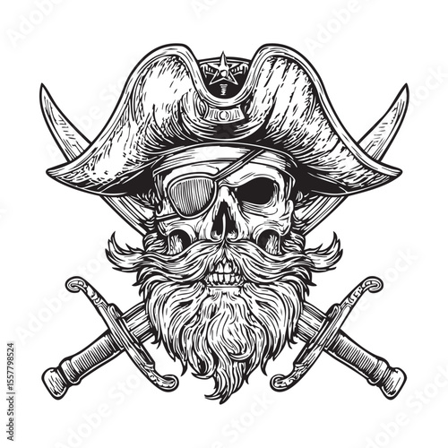 Pirate skull with eye patch, hat, beard and crossed swords artwork