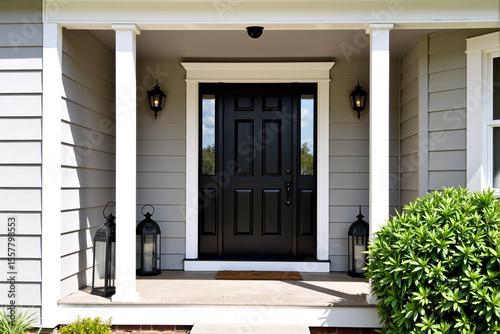 Elegant black front door with decorative glass panels set in a classic white frame with columns, creating a welcoming, traditional entrance to an upscale suburban home, flanked by two  sconce lights