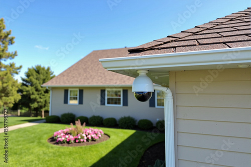 modern home security camera is installed under the eaves of a suburban house, providing surveillance and protection for the property with a view of the green front yard
