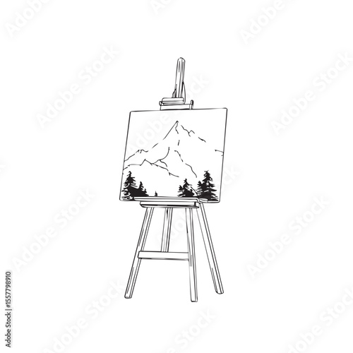 Mountain landscape on easel canvas in black line art
