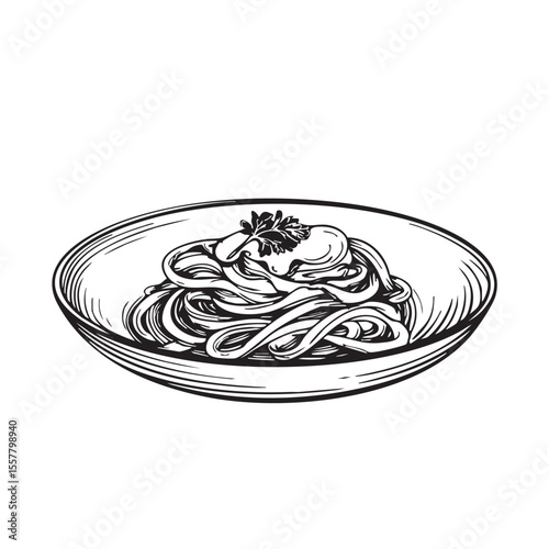 Spaghetti dish drawing with sauce and parsley garnish