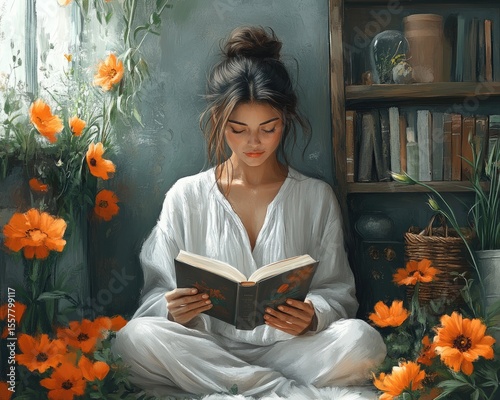 A young woman sits reading a book surrounded by flowers in a sunlit room