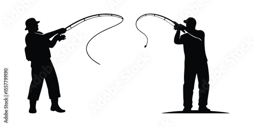 Vector illustration of men casting fishing lines in outdoor scene