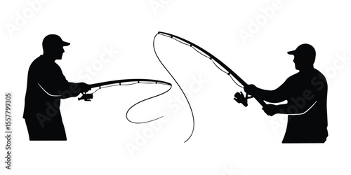 Black silhouettes of fishermen casting rods in different styles