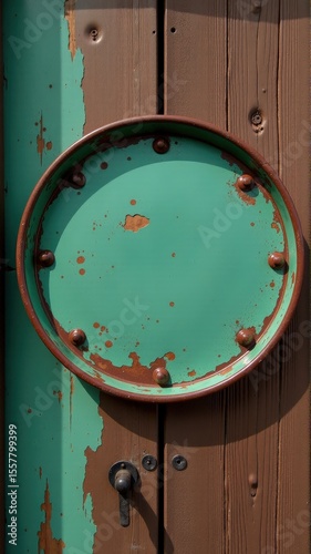 A rusty metal tray with chipped turquoise paint hangs on a worn wooden wall, highlighting rustic decay.