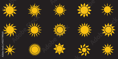 Sun icon set in yellow color on white background. Sun simple icons collection. Yellow sun icon set, sunshine and solar glow, sunrise or sunset. Vector illustration. Design EPS 10