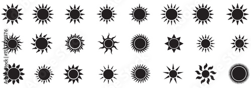 Sun icon set in yellow color on white background. Sun simple icons collection. Yellow sun icon set, sunshine and solar glow, sunrise or sunset. Vector illustration. Design EPS 10
