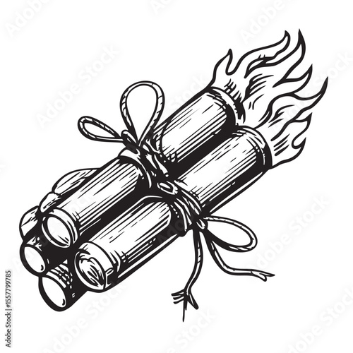 Burning bundle concept of dynamite sticks with rope tie
